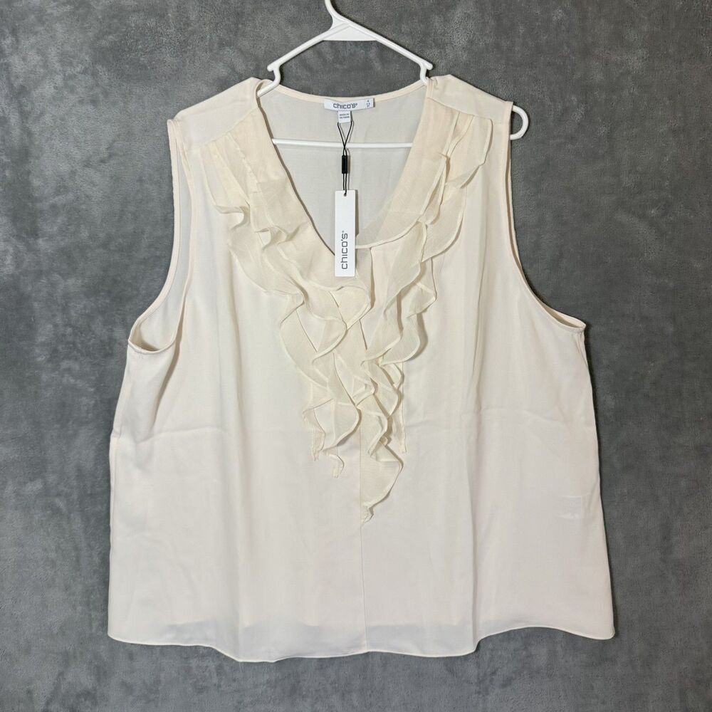 NWT Chico's Sz 4 US 22/24 Tank Top Cream Sleeveless Ruffle Blouse Shell Flowy